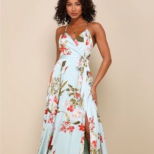 Lulu’s Still the One Sage Green Floral Print Satin Maxi Dress